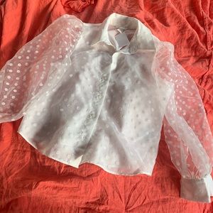 white polka dot sheer puff sleeve top